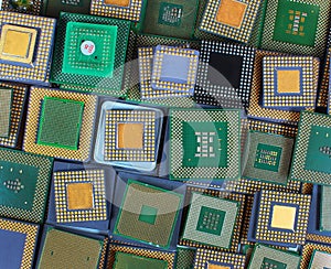 Many old CPU chips and obsolete computer processors as background