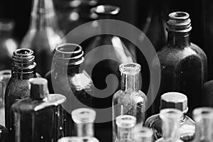 Many Old Deutsch Vintage Medical Glass Capacity. Detail Of Retro Chemical Pharmaceutical Science Researches. Small