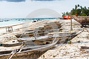 Many old fishing boats on african seashore