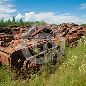 Many old rusty abandoned crashed military transport standing in summer meadow. War consequences concept, soil pollution