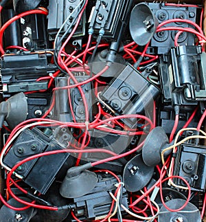 Many old used electrical high voltage transformers