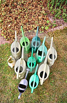 Many old watering cans from above in a garden