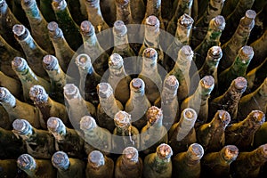 Many old wine bottles top view