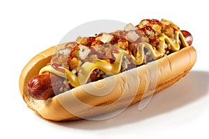 Many Onion Many Cheese French Hot Dog On A White Background. Generative AI