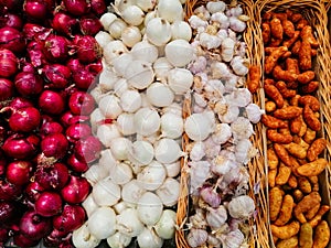 Many Onions, Garlic and Potatoes For Sale in Shop