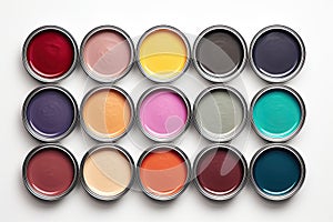 Many opened paint containers isolated on white background. Top view. Generative Ai illustration