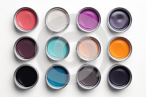 Many opened paint containers isolated on white background. Top view. Generative Ai illustration