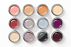 Many opened paint containers isolated on white background. Top view. Generative Ai illustration