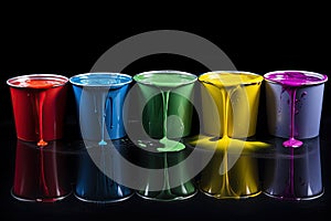 Many opened paint containers isolated on white background. Top view. Generative Ai illustration
