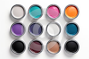 Many opened paint containers isolated on white background. Top view. Generative Ai illustration