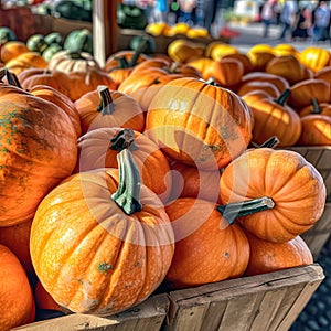 many orange ripe pumpkins are sold at the farmer\'s market. vegetable trade, outdoor vegetable stand.