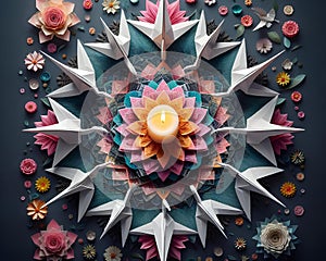 many origami flowers surround a lit candle on a circular floral display