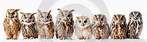 Many Owls Sitting A Whitte Banner Background. Generative AI