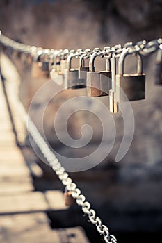 Many padlocks on a chain