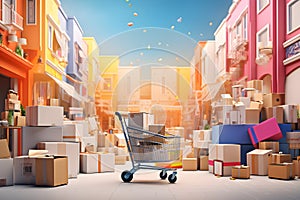 Many parcel boxes and a shopping cart in the middle on colorful background