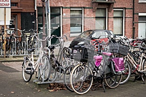 Many parked bicycles in the city.