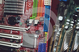 Many PC Computer motherboards. Circuit cpu chip mainboard core processor electronics devices. Old Motherboard digital chip.