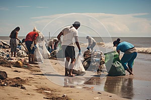 many people clean up a lot of garbage on the ocean coast