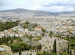 Many of People Climbing onto the Areopagus Hill for the Marvelous View of the Acropolis, Athens, Greece