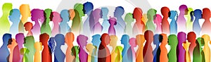 Talking crowd. Dialogue group of many people. Colored silhouette profiles. People talking. Speak. To communicate. Social network. photo