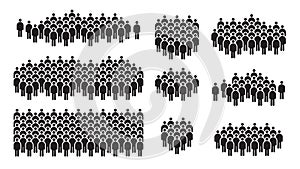 Many people group silhouette icons, crowd, social teamwork, citizen community, company team. Human person gathering black men and