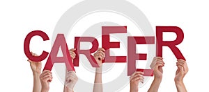Many People Hands Holding Red Word Career