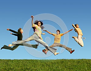 Many people jumping on grass, collage