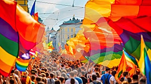 Many people next to a rainbow flag celebrate a gay pride demonstration on the street in daylight homosexual pride