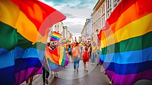 Many people next to a rainbow flag celebrate a gay pride demonstration on the street in daylight homosexual pride