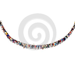 Many people standing in the row in semicircle