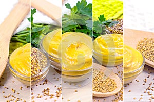 Many photos of yellow Dijon mustard sauce in glass dip with wooden spoon full of dry mustard seeds on the table as a collage