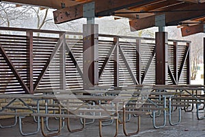 Many picnic tables under outdoor shelter