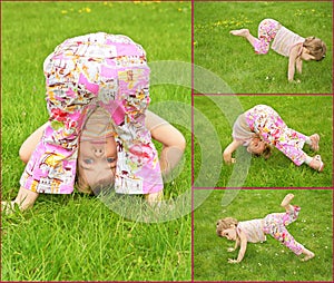 Many pictures of girl on grass, collage