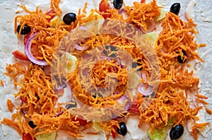 Many pieces of cut vegetables - purple onion, red bell pepper, tomatoes, carrot and black olives. Composed chaotically