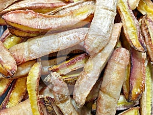 Many pieces of dried banana ready for eat as snack