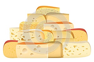 Many pieces of Various types of Cheese together set. Parmesan mozarella swiss emmentaler cheddar gouda collection.