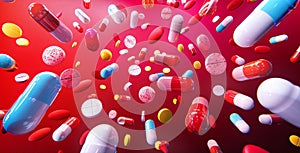Many Pills and Capsules Flying in the Air. Generative AI