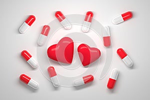 Many pills with red and white caps and two red hearts in the center on white background