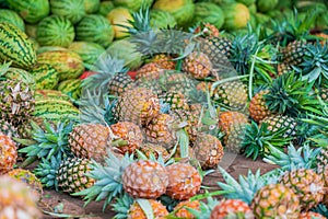 Many pineapples and water melons on the ground in food market in Zanzibar, Tanzania