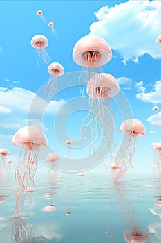 Many pink fuzz fantasy jellyfish on blue solid background, simple abstract colorful design, vertical