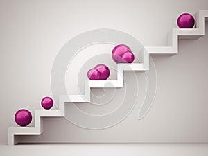 Many pink spheres on stairs