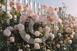 Many pink white roses swaying in the wind, the background is a European garden fence