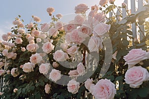 Many pink white roses swaying in the wind, the background is a European garden fence