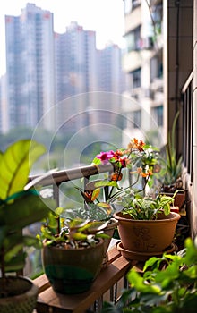 Many plants and flowers on the balcony of an urban city house, Balcony gardening concept