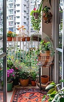 Many plants and flowers on the balcony of an urban city house, Balcony gardening concept