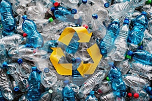 Many plastic bottles with a green recycling symbol