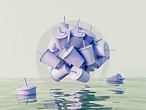 Many plastic cups levitating above the ocean or water on green background. Plastic pollution ecology problem. 3d render