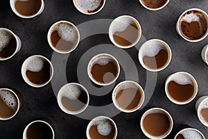 Many plastic cups with tasty aromatic coffee on dark background, flat lay