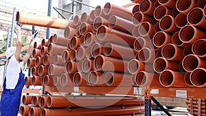 Many plastic pipes for sewage systems in warehouse