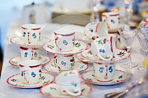 Many porcelain tea cups on flea market in Paris